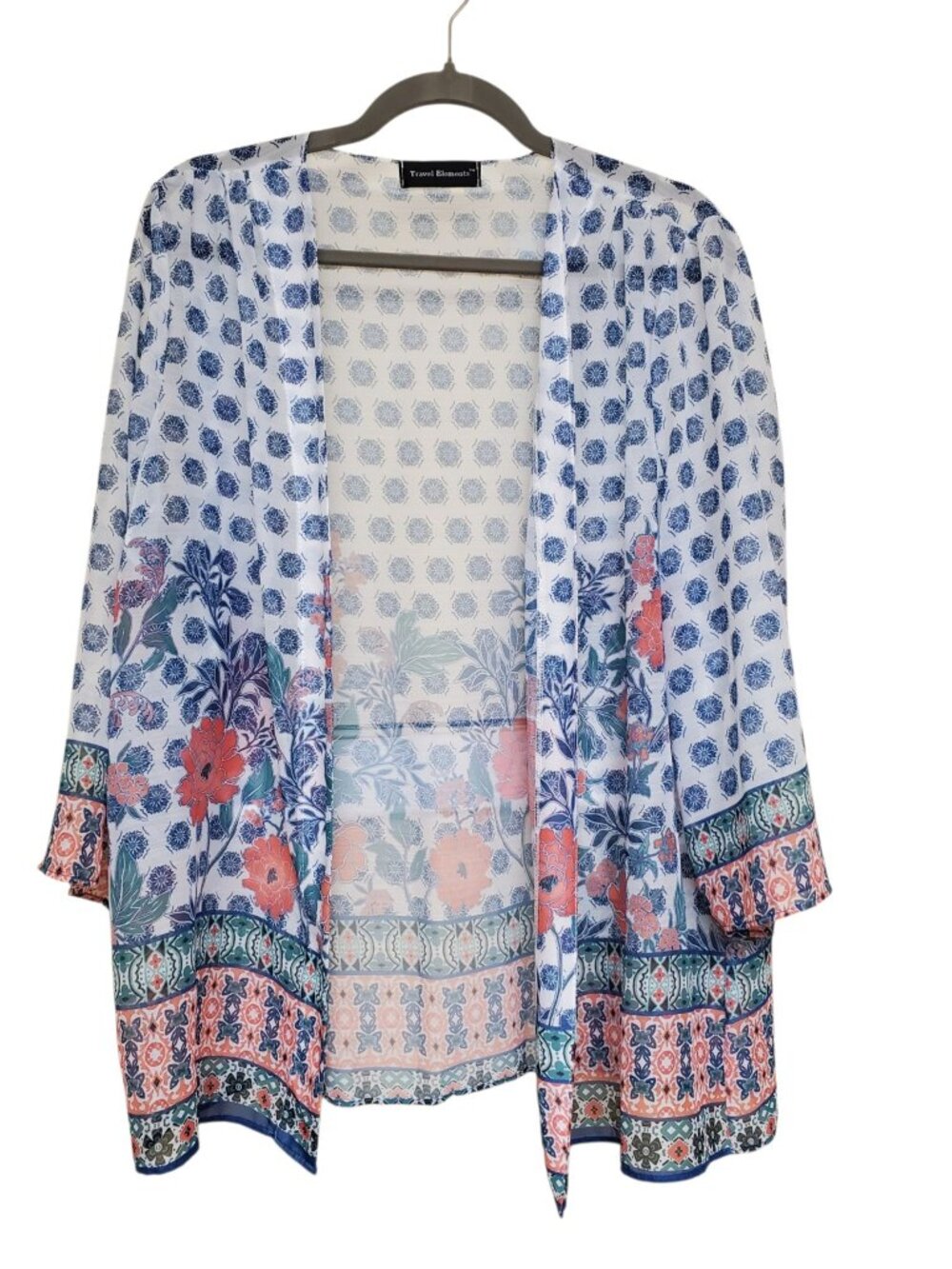 Travel Elements Women's White Blue Tropical Print Sheer Cover Up Resortwear M